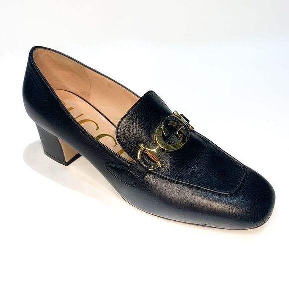 Gucci Zumi Interlocking GG Loafer Pumps EU 37 US 7 Black Leather Logo Mid Heels - Picture 1 of 10